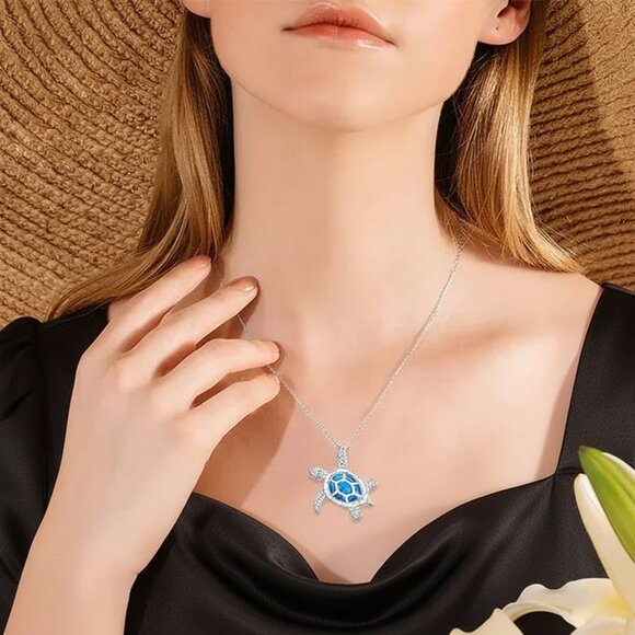 Silver and Hawaiian Blue Opal Sea Turtle Pendant Fashion Necklace NWOT - Picture 6 of 8